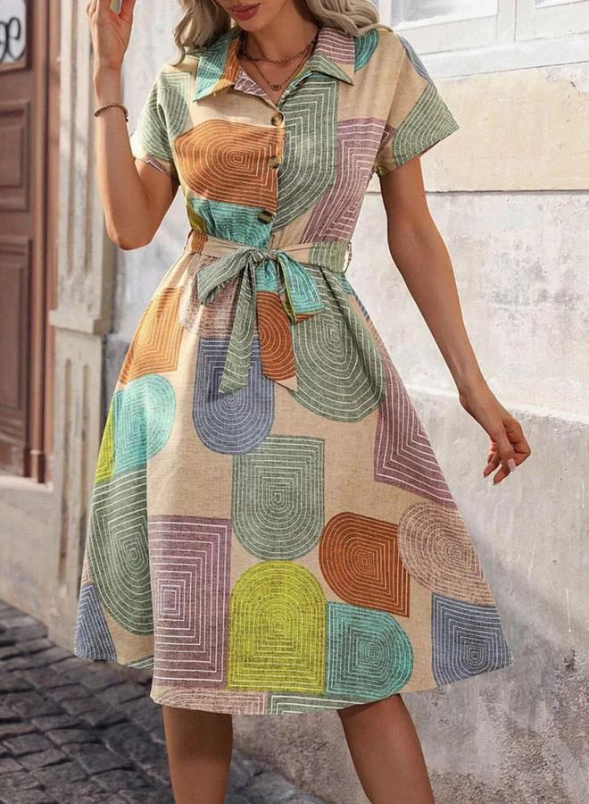 Take Two  Geometric Print Belted A-Line Mini Dress for Women | Best Price UAE