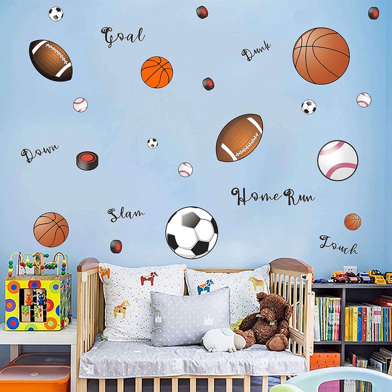 Sports Wall Decals Soccer Decal for Walls Rugby Stickers Baseball Wall Decor Basketball Stickers Removable Peel and Stick Walls Decals Football Sticker for Boys Bedroom Playroom