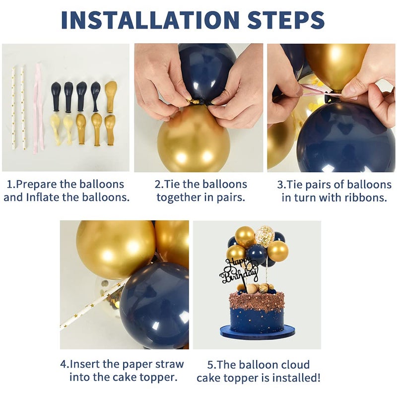 BEISHIDA Happy Birthday Cupcake Toppers - Navy Gold Mini Balloon Cloud Birthday Cake Decorations for Boys Men Party Decorations - Image 3