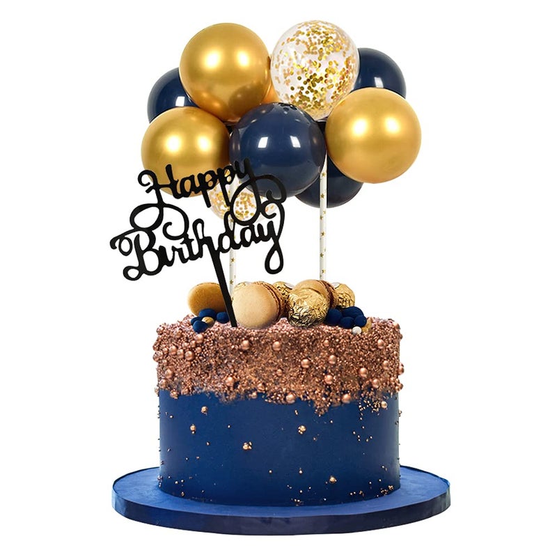 BEISHIDA Happy Birthday Cupcake Toppers - Navy Gold Mini Balloon Cloud Birthday Cake Decorations for Boys Men Party Decorations - Image 1