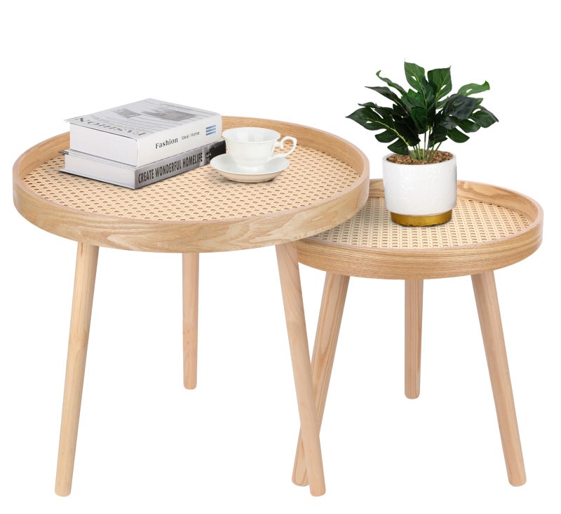 Round Coffee Table Set of 2 Natural Boho Coffee Tables Small Mid Century Modern Rattan Coffee Table Boho Side Table End Tables for Living Room Bedroom Office