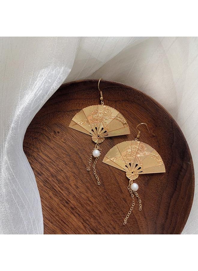 نيبمينينت New Chinese Style Carved Fan-shaped Ear Hook Tassel Design High Sense Earrings National Fashion Hanfu Accessories Female Preferred 