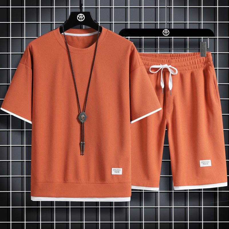 Summer New Waffles Short-sleeved Set Mens Casual Mens Shirt Sweat Mens T-shirt Shorts Two-piece Set for Men Orange - Image 1