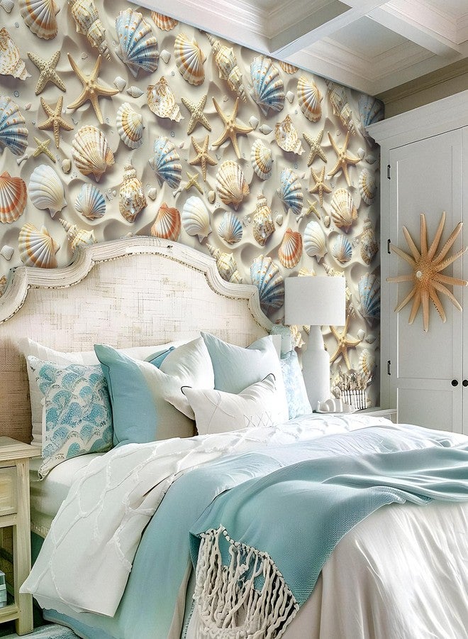 ReWallpaper ورق حائط ReWallpaper الساحلي القابل للإزالة واللصق ثلاثي الأبعاد بنقشة نجم البحر الصدفي الرملي لغرفة النوم، مقاس 17.5 بوصة × 23 قدمًا، ورق حائط ذاتي اللصق بنقشة المحيط البحري، مناسب للخزائن والجدران المميزة - Image 2
