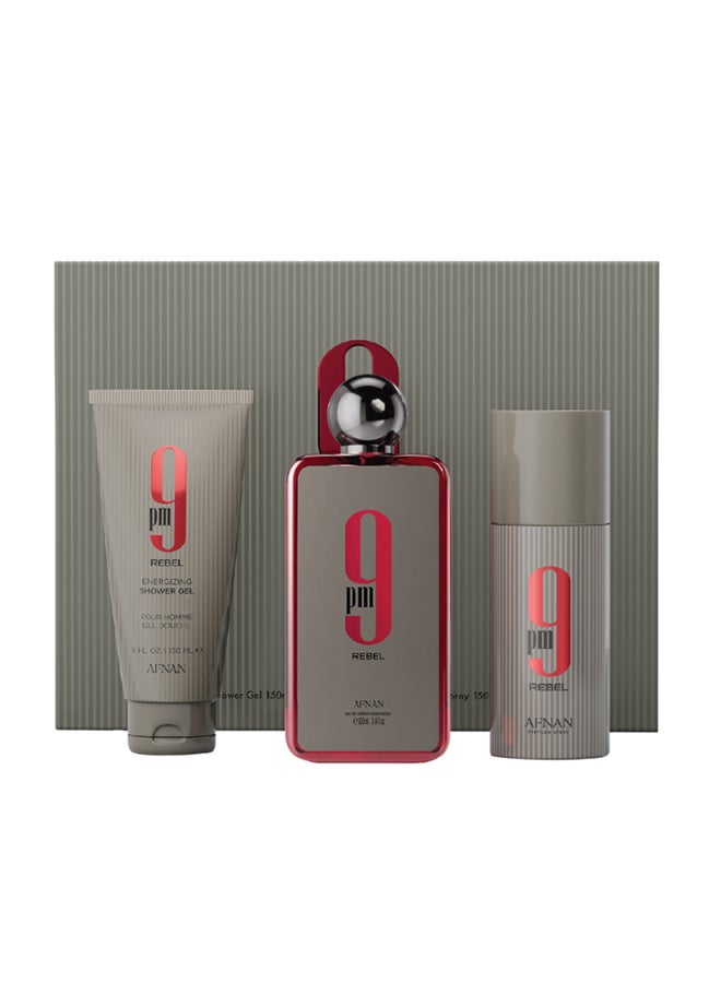 Afnan مجموعة هدايا أفنان 9 مساءً ريبيل عطر ماء 100 مل + مزيل عرق 150 مل + جل استحمام 150 مل، مجموعة هدايا عطرية للجنسين - Image 1