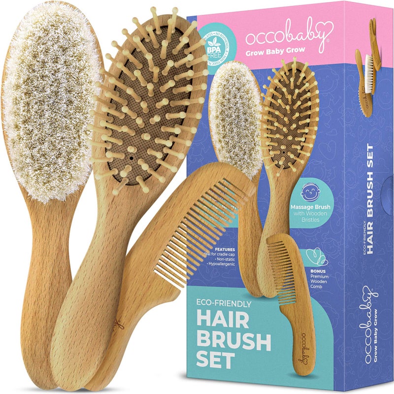 OCCObaby Wooden Baby Hair brush Set for Newborns & Toddlers - Soft Hair Brush for Baby Grooming - Baby Scalp Brush and baby comb for Cradle Cap - Toddler Comb - Image 1