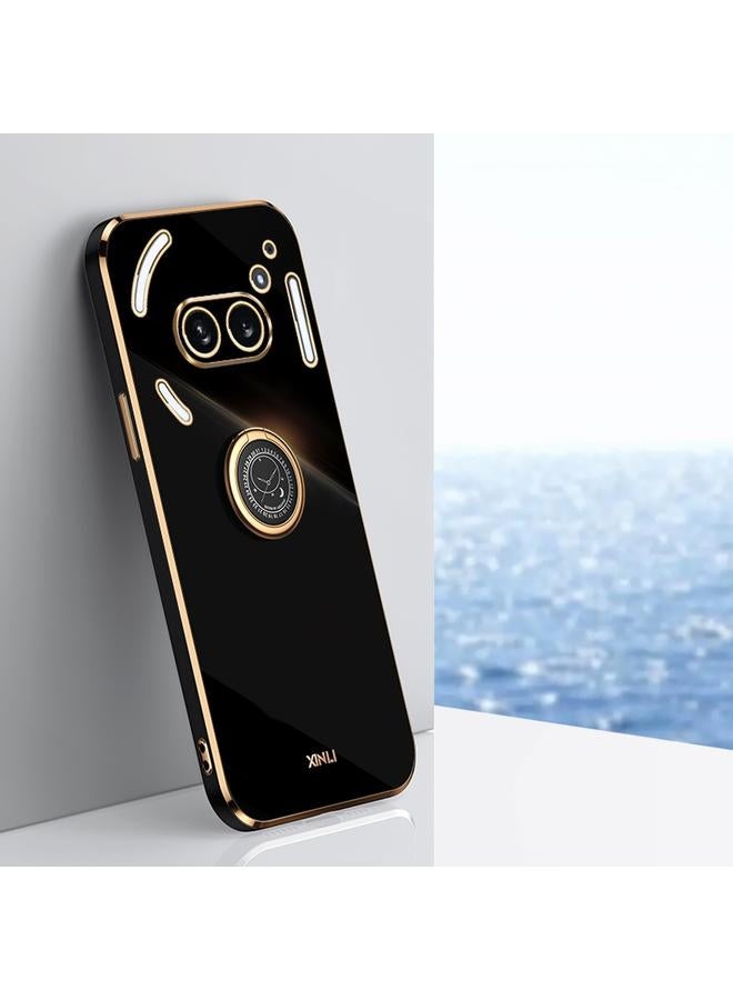 جراب هاتف XINLI ذو الحافة المستقيمة 6D المطلي بالكهرباء TPU مع حامل حلقي لهاتف Nothing Phone 2A (أسود)