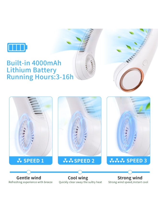 مروحة رقبة محمولة بدون شفرات – مروحة قابلة للارتداء بدون استخدام اليدين ببطارية قابلة للشحن 4000mAh، تبريد 360° بثلاث سرعات و72 منفذ هواء، هادئة للاستخدام في السفر والرياضة والمكتب والأنشطة الخارجية (أبيض) - Image 2