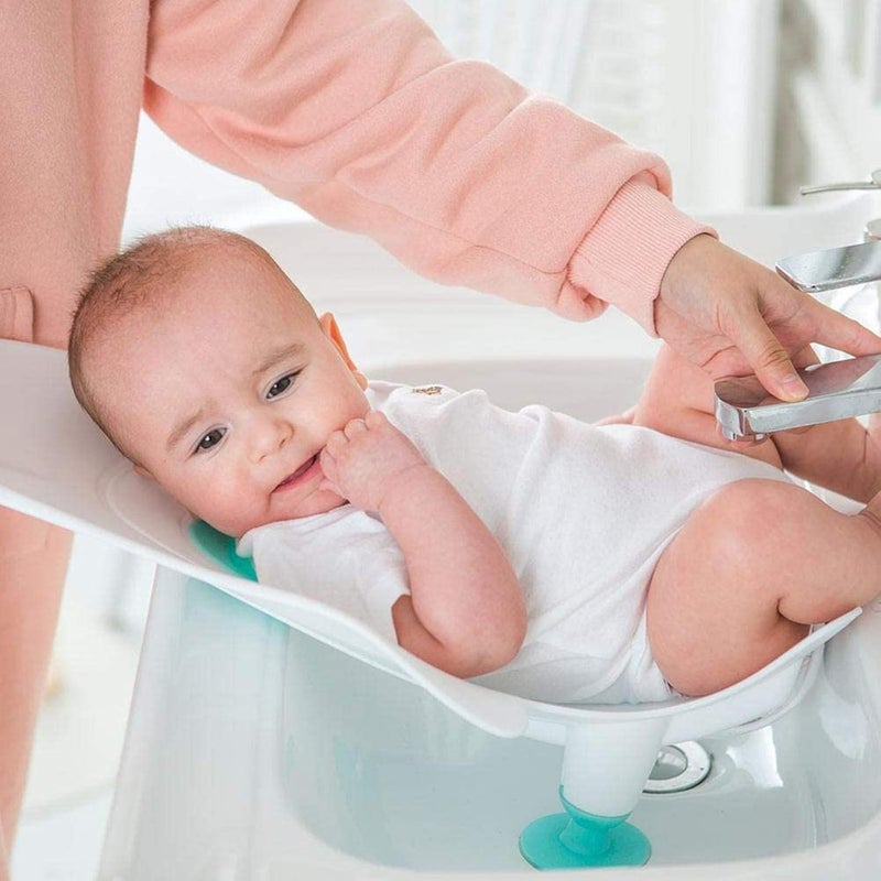 MUMMAMIA Clean Rinse Baby Bather, Infant Buttock Washing bathrack; Lying Bather for Boy Girl, Multifunction Quick Dry Bath Support for Use on Counter Sink 0-12 Months (Blue) - Image 1