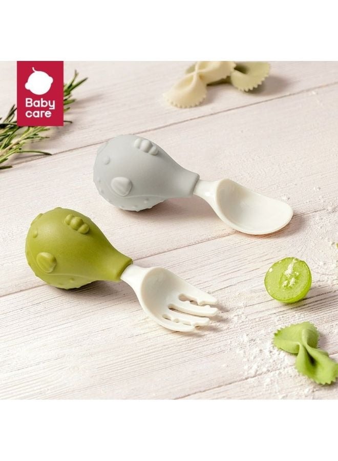 Baby Care 2-in-1 Baby Self Feeding Training Spoon and Fork Set | Soft Silicone Utensils for Infants and Toddlers | Safe and BPA-Free Baby  Cutlery Set | Easy Grip Handles Grey and Green 114x20x37mm - Image 1