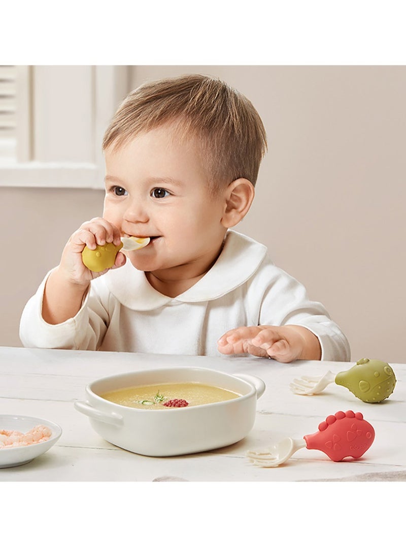 Baby Care 2-in-1 Baby Self Feeding Training Spoon and Fork Set | Soft Silicone Utensils for Infants and Toddlers | Safe and BPA-Free Baby  Cutlery Set | Easy Grip Handles Grey and Green 114x20x37mm - Image 2