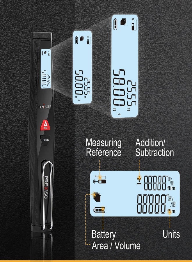 PREXISO Pocket Laser Measurement Tool, 135Ft Laser Distance Meter Backlit Display Laser Measure with Pen Clip Ft/Ft+in/in/M Unit - Pythagorean, Distance, Area, Volume Modes for Home, Industries - Image 4