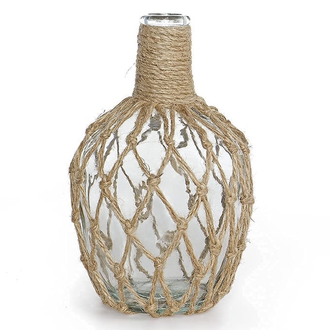 GLASS JUG WITH TWINE 10 TALL FLOWER VASE WITH ROPE NET DECORATIVE BOTTLE VASE FOR DINING ROOM BEDROOM BATHROOM MANTEL