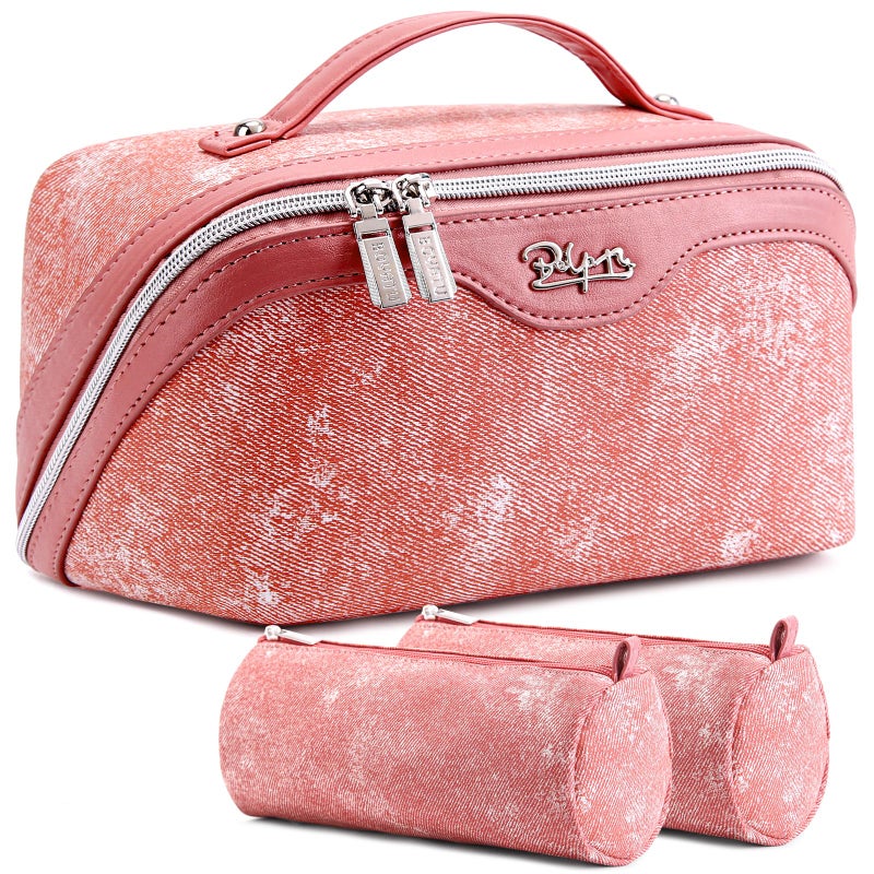 BOYATU Travel Makeup Bag Cosmetic Bags for Women: 3 Sets Large Capacity Make up Bag - Portable Toiletry Bags with Handle for Women(F-5-Rosy Red) - Image 1