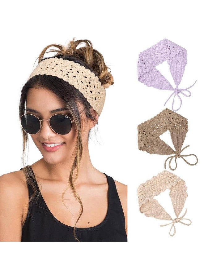 HAIMEIKANG Hippie Hair Bandanas Headbands for Women Boho Headband Knit Hair Bands Floral Head Wrap for Girls(light purple+beige+khaki) - Image 1