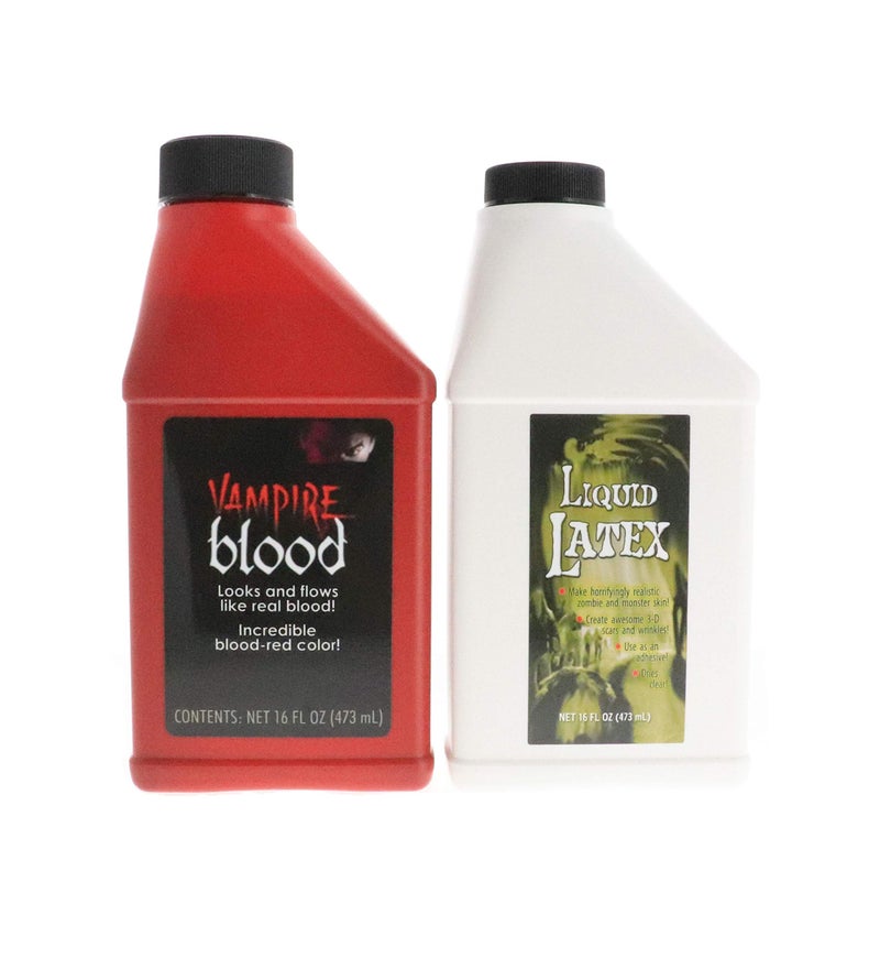 Fake Blood and Liquid Latex 16 Oz  Combo Kit  for Adults and Kids Vampire Blood Ideal for Artwork Theater and Cosplays 2 Full Pints