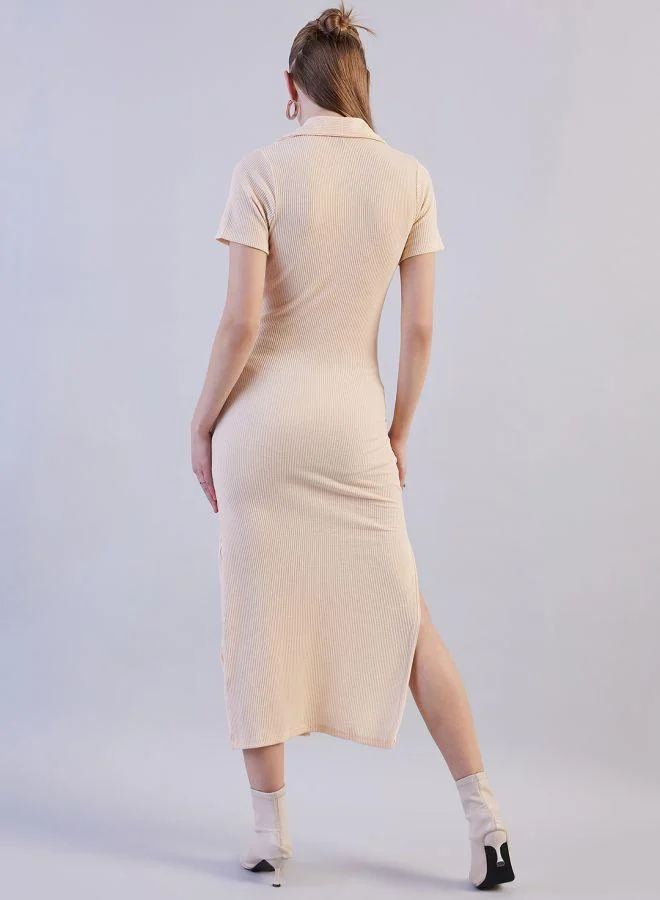 مرفوعة Women Fitted Casual Solid Long Polo Collar Dress