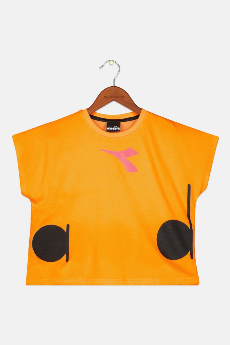DIADORA Toddlers Girl Crew Neck Cap Sleeve Brand Logo Crop Top, Orange - Image 1