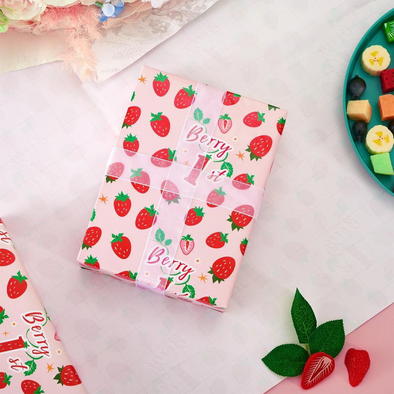 WERNNSAI Strawberry Wrapping Paper - 6 Sheets 27.5â€ x 19.7â€ 1st Birthday Gift Packing Supply Pink Baby Shower Wrapping Paper for New Born Baby Decoration Christening - Image 2