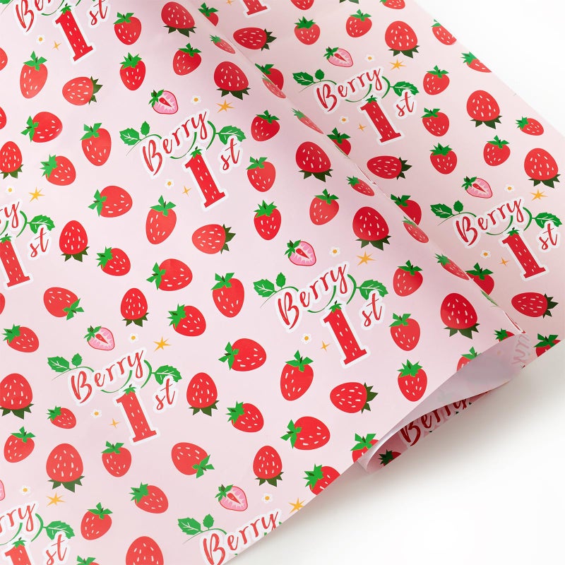 WERNNSAI Strawberry Wrapping Paper - 6 Sheets 27.5â€ x 19.7â€ 1st Birthday Gift Packing Supply Pink Baby Shower Wrapping Paper for New Born Baby Decoration Christening - Image 1