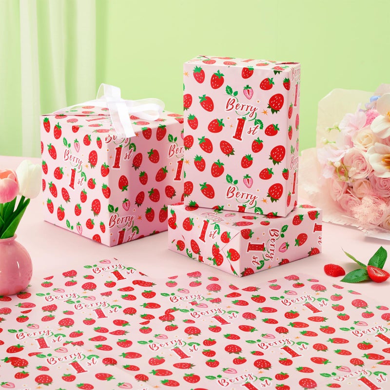 WERNNSAI Strawberry Wrapping Paper - 6 Sheets 27.5â€ x 19.7â€ 1st Birthday Gift Packing Supply Pink Baby Shower Wrapping Paper for New Born Baby Decoration Christening - Image 5