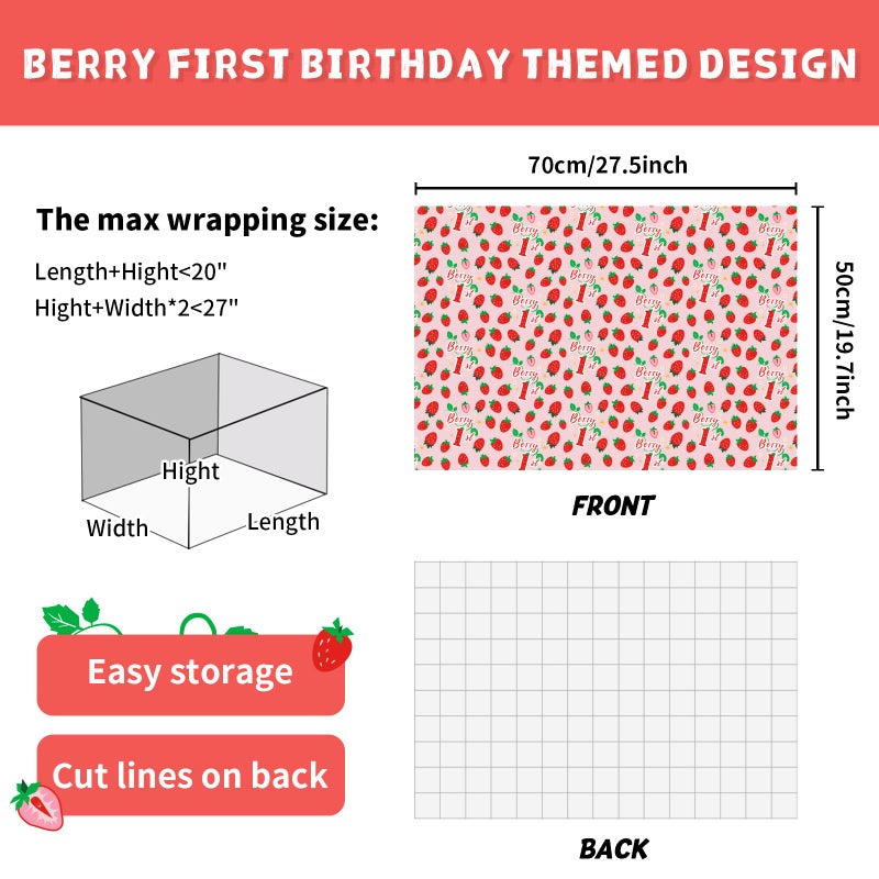 WERNNSAI Strawberry Wrapping Paper - 6 Sheets 27.5â€ x 19.7â€ 1st Birthday Gift Packing Supply Pink Baby Shower Wrapping Paper for New Born Baby Decoration Christening - Image 3