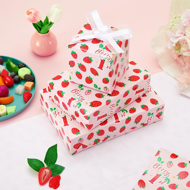 WERNNSAI Strawberry Wrapping Paper - 6 Sheets 27.5â€ x 19.7â€ 1st Birthday Gift Packing Supply Pink Baby Shower Wrapping Paper for New Born Baby Decoration Christening - Image 4