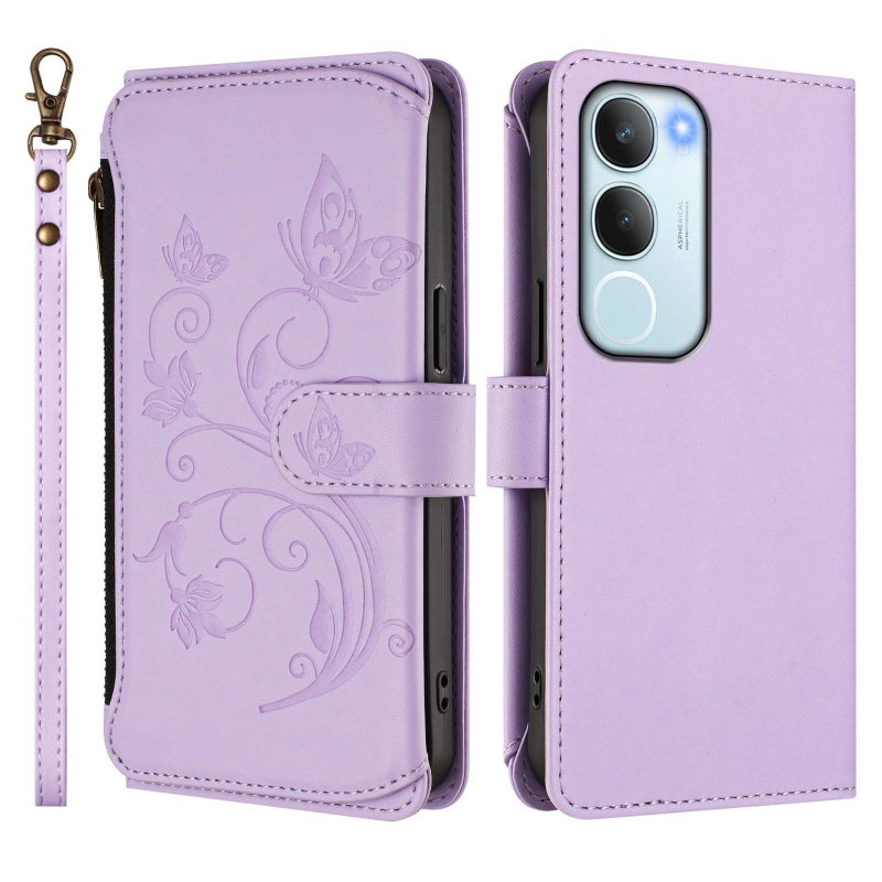 إيروريكس جراب هاتف جلدي بسحاب متعدد البطاقات لهاتف vivo Y19s 4G Global / Y29 5G India (أرجواني فاتح) - Image 2