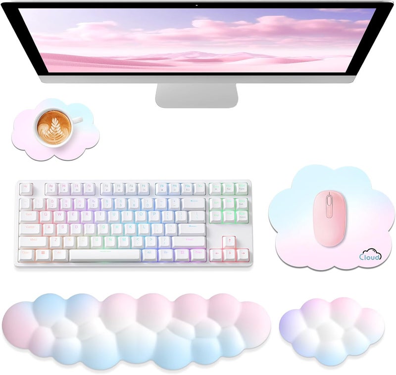 Sushret Cloud Wrist Rest for Computer Keyboard, 4-in-1 Memory Foam Leather Cloud Keyboard Wrist Rest and Mouse Pad Set with Ergonomic Support for Arm and Palm Cushion, Gaming/Work Setup, Rainbow - Image 1