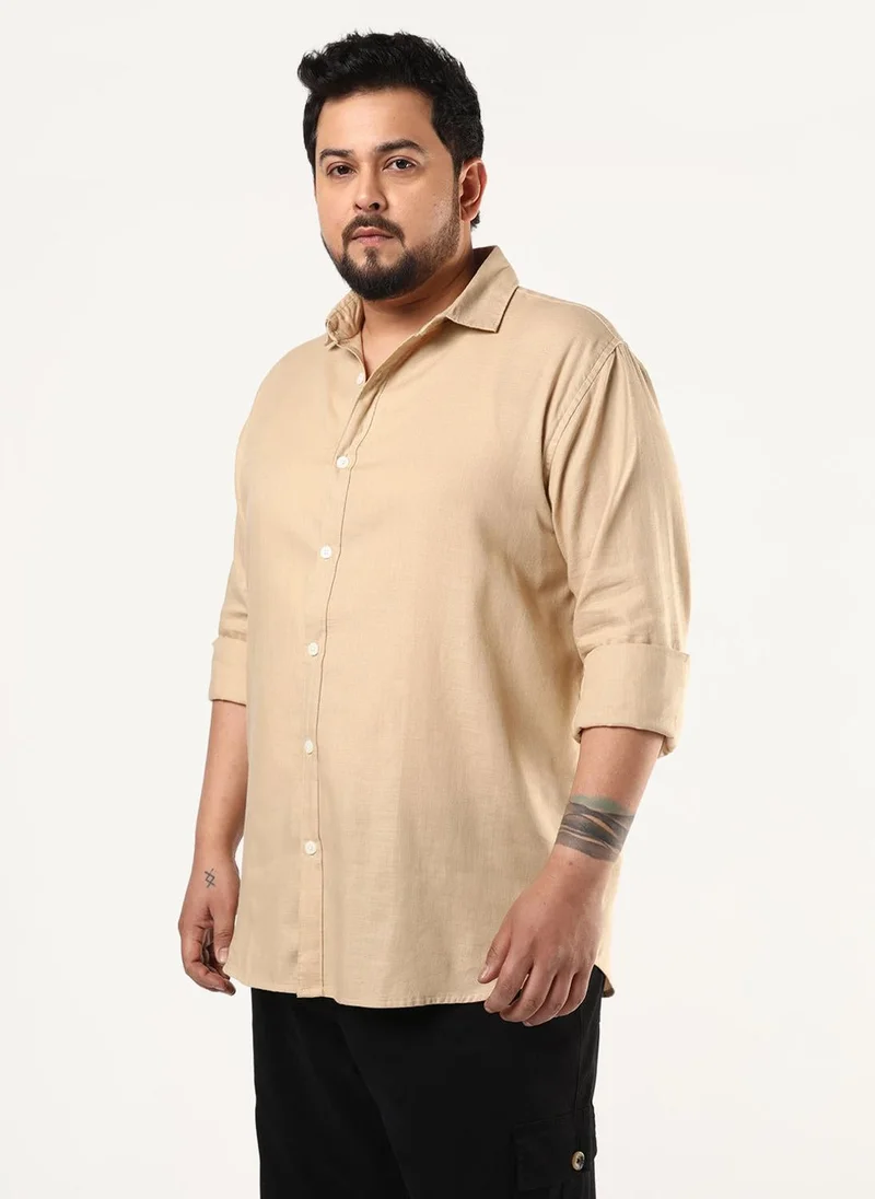 Urbano Plus Men's Beige Linen Blend Full Sleeve Relaxed Fit Casual Solid Shirt