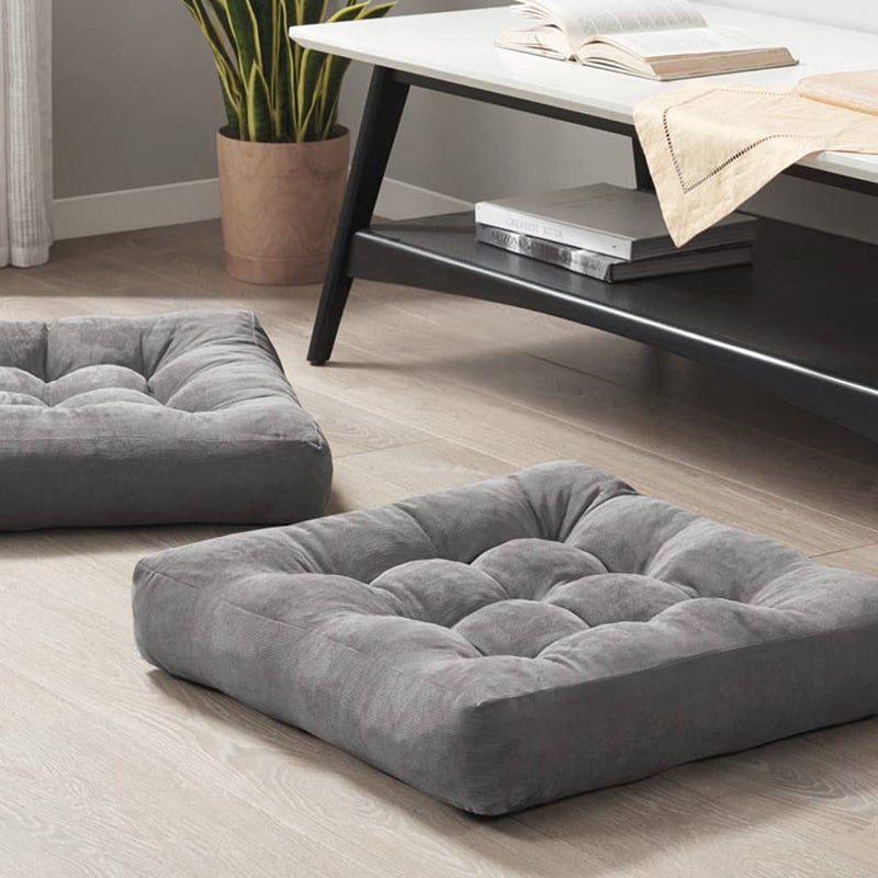 Degrees of Comfort Meditation Floor Pillow Set of 2 Square Large Pillows Seating for Adults Tufted Corduroy Cushion for Tatami Living Room Grey 22x22 Inch