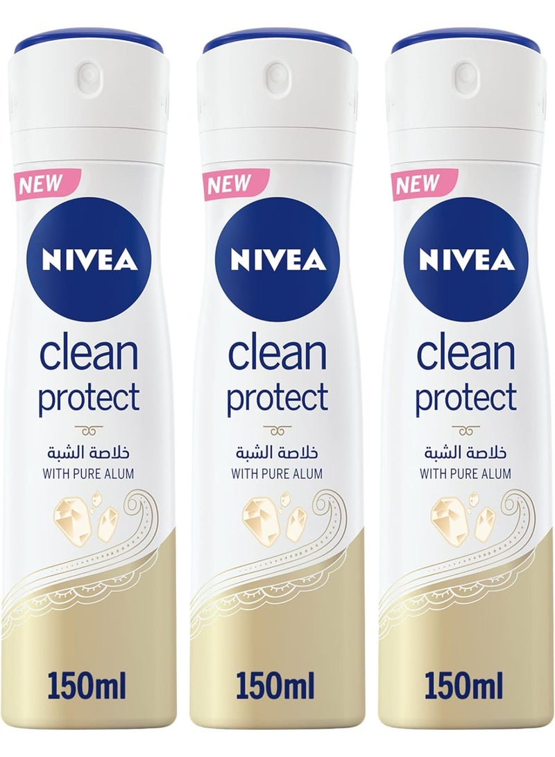 NIVEA Antiperspirant Spray for Women, 48h Protection, Clean Protect Pure Alum, 3x150ml - Image 1