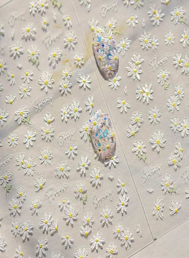 LIFOOST White Small Daisy Flower Nail Art Stickers 5D Embossed Flowers Spring Summer Sunflower Design Decals for Nails Fresh Floral Manicure Decorations for Women Girls - Image 1
