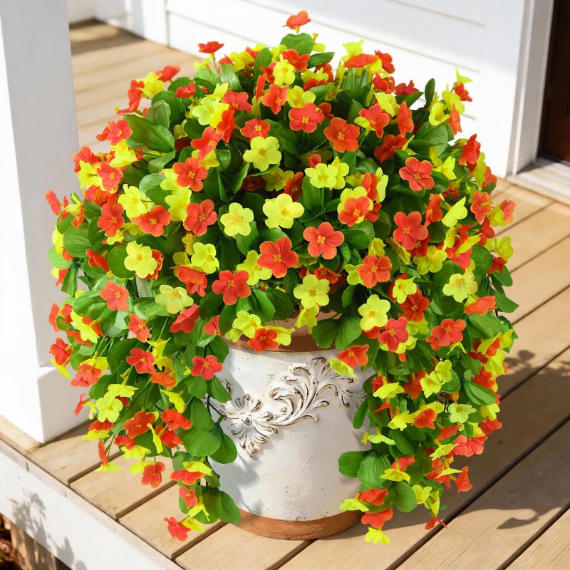 ZFProcess Artificial Fake Hanging Flowers for Outdoors, 2 Pcs Artificial Hanging Plants Outdoors Spring Summer Decor, UV Resistant Faux Violet Silk Flowers for Planters Front Door Yard Garden(Orange Yellow) - Image 1