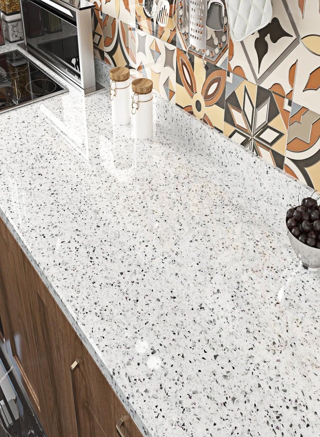 WESTICK Glossy Granite Contact Paper for Kitchen Countertops Waterproof Marble Contact Paper Self Adhesive White Terrazzo Peel and Stick Vinyl Wallpaper for Tables Bathroom Cabinets 15.8"x80" - Image 3