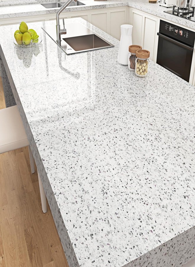 WESTICK Glossy Granite Contact Paper for Kitchen Countertops Waterproof Marble Contact Paper Self Adhesive White Terrazzo Peel and Stick Vinyl Wallpaper for Tables Bathroom Cabinets 15.8"x80" - Image 2