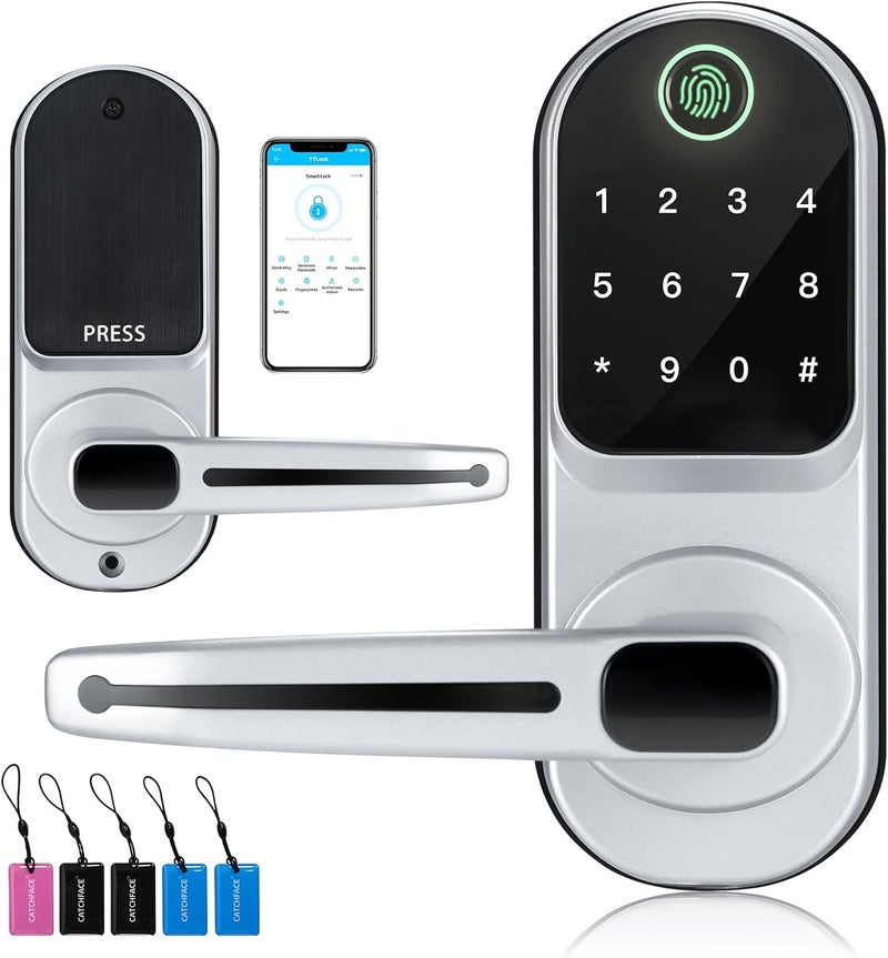 CATCHFACE Smart Fingerprint Lock - Keyless Entry Door Lock with Reversible Handle - Silver - Image 1