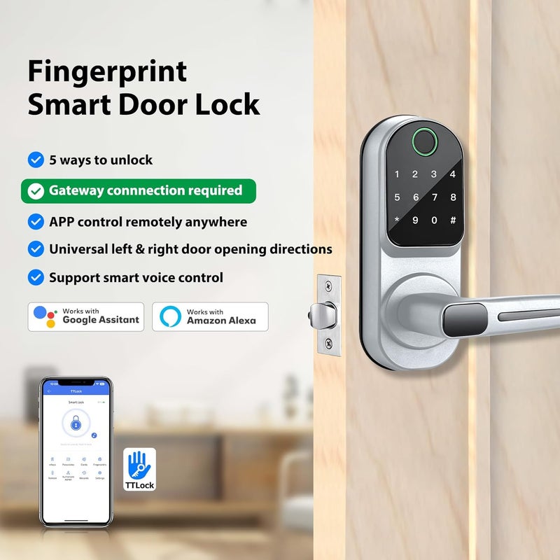 CATCHFACE Smart Fingerprint Lock - Keyless Entry Door Lock with Reversible Handle - Silver - Image 2