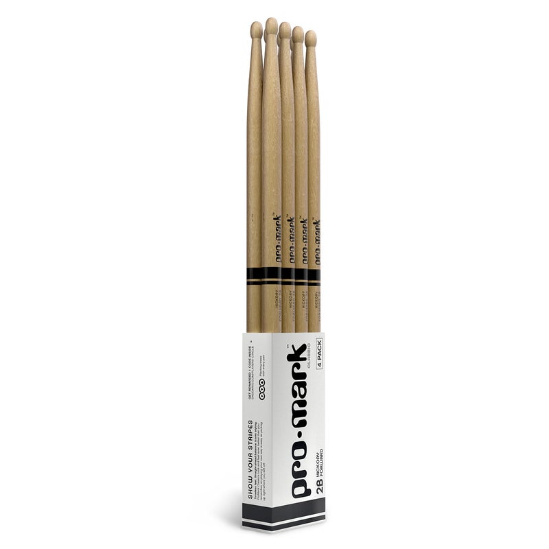 ProMark Drum Sticks Classic Forward 2B Drumsticks Drum Sticks Set Oval Wood Tip for Dark Warm Tone Hickory Drum Sticks Consistent Weight and Pitch 4 Pairs