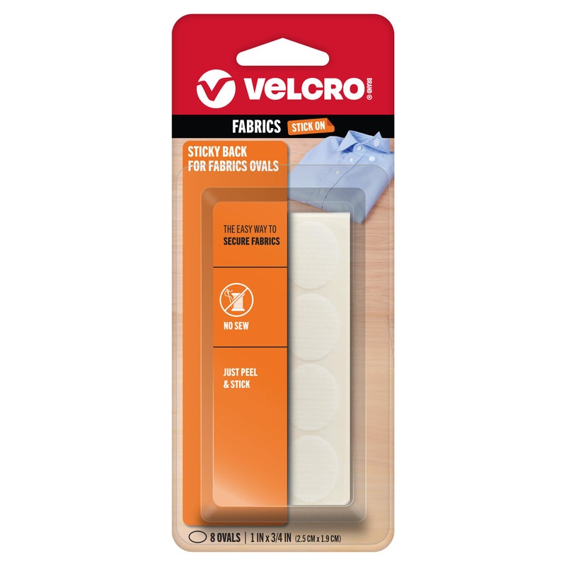 Velcro علامة فيلكرو للأقمشة | شريط قماش لاصق دائم للتعديلات والتطريز | قشر و ألصق - بدون خياطة أو لصق أو كي | قطع بيضاوية مسبقة، 1 × 3/4 بوصة، بيضاء - 8 مجموعات - Image 1