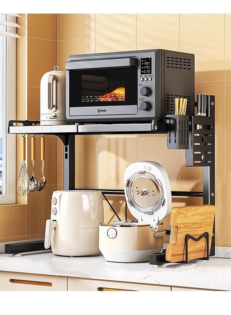 VUCATIN Metal Microwave Oven Rack Shelf Expandable Kitchen Supplies Tableware Storage Counter Space Saver Cabinet Organizer Spice Holder with 6 Hooks Chopping Block Frame Tool Holder Chopsticks Tube  (2 Layers of Black)  - Image 1