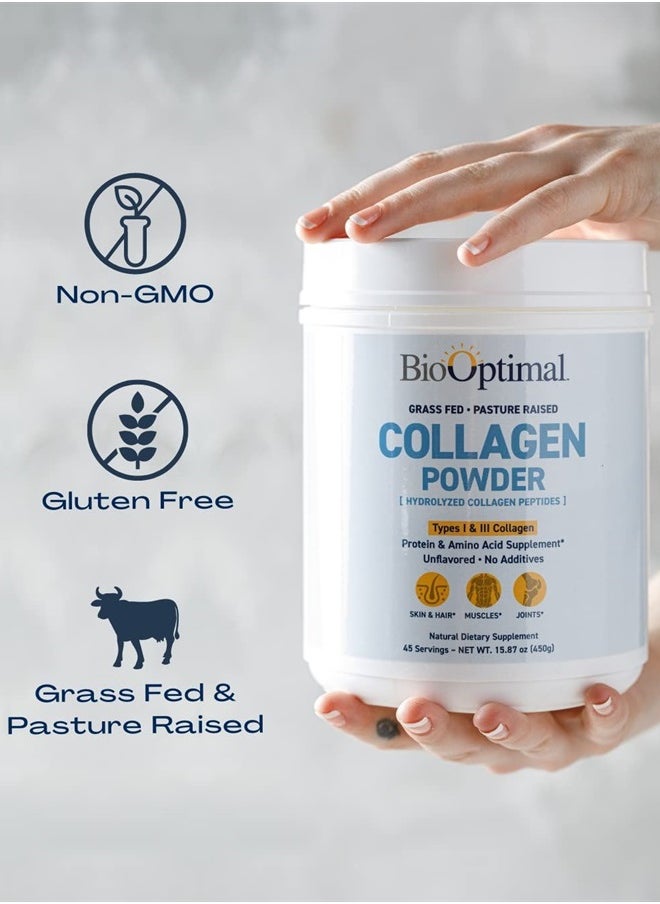 BioOptimal - Collagen Peptides Powder - Grass-Fed, Pasture-Raised Hydrolyzed Protein Supplement for Skin, Hair, & Nails - Non-GMO, Zero Sugar Daily Supplement for Men & Women (45 Servings) - Image 1