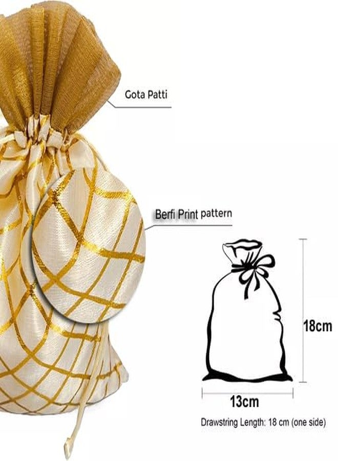 3A FEATURETAIL 13CM X 18CM Small Drawstring Bags Pouches Potli for Gift Wedding Jewelry Packaging Bridal Party Favors for Women (10 Pc Pack, Cream Color Golden Berfi Print) - Image 4