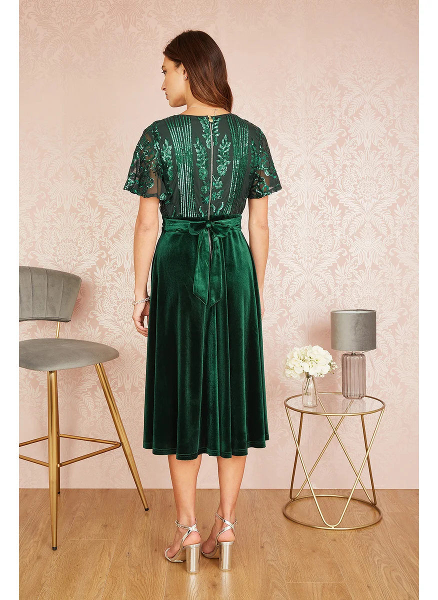 يامي Embellished Velvet Wrap Skater Midi Dress
