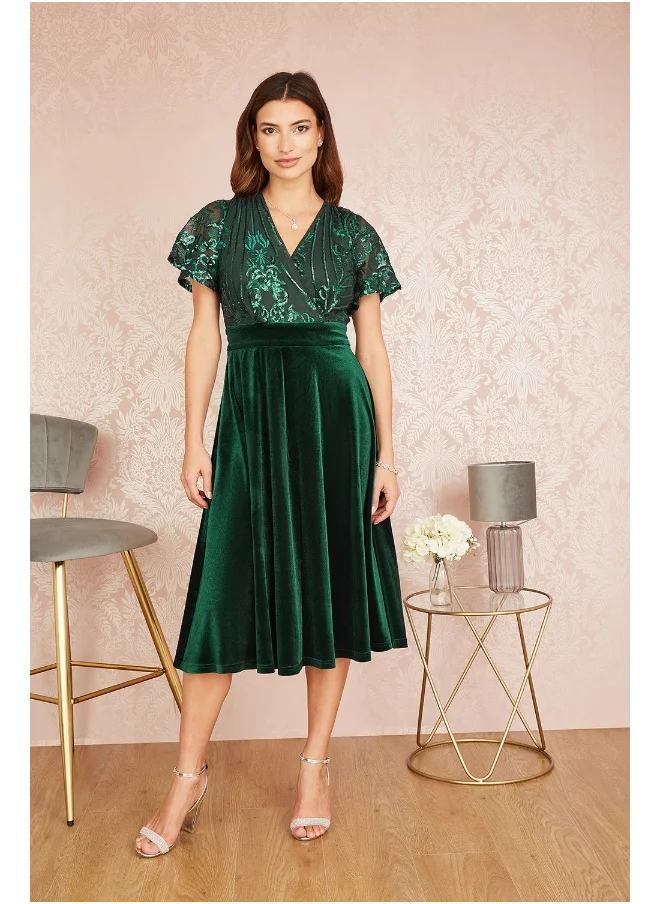 Yumi Embellished Velvet Wrap Skater Midi Dress