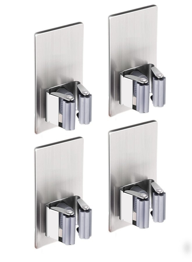 HANZE 4 Pack Stainless Steel Mop Broom Holder Organizer, Self Adhesive Wall Mounted Mop Organizer Storage Rack Clip for Kitchen Bathroom and Garage (Rectangle, Large) - Image 1