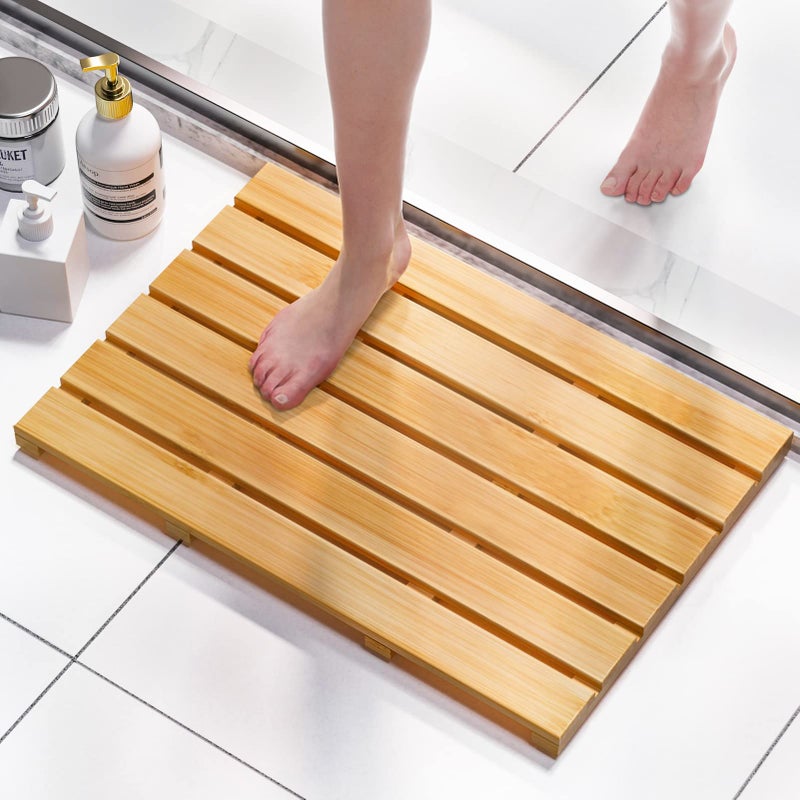 Domax Bamboo Bath Mat  Non Slip Waterproof Wooden Shower Floor Mat for Bathroom Sauna Spa Outdoor Use Natural 2126 x 1417 x 13 Inch