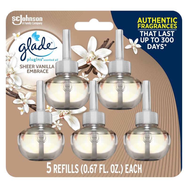 Glade PlugIns Refills Air Freshener  Scented and Essential Oils for Home and Bathroom  Sheer Vanilla Embrace  3.35 Fl Oz  5 Count