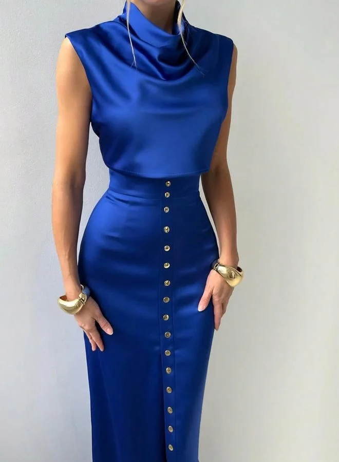 تايك تو Take Two Blue Satin Crop Top and High Rise Maxi Skirt Co-Ords