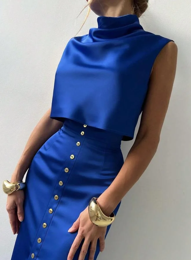 تايك تو Take Two Blue Satin Crop Top and High Rise Maxi Skirt Co-Ords